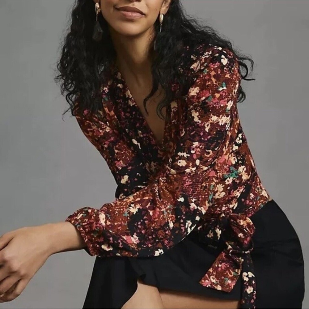 Anthropologie floral balloon sleeve blouse S